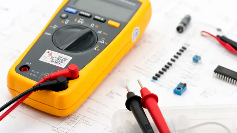 Digital multimeter and test probes resting on engineering schematics during structural diagnostics