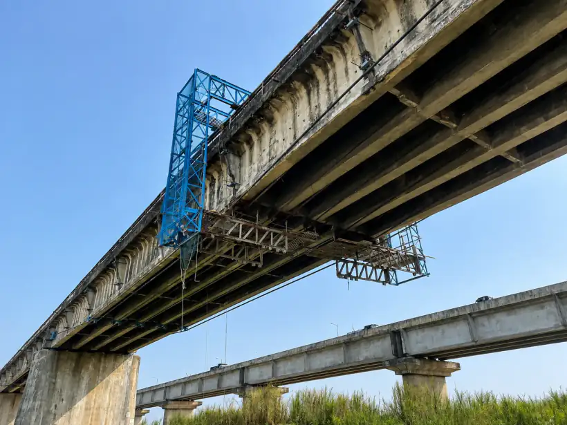 NH-16 bridge over the Gowthami River with an underbridge access gantry and suspended platform during rehabilitation works