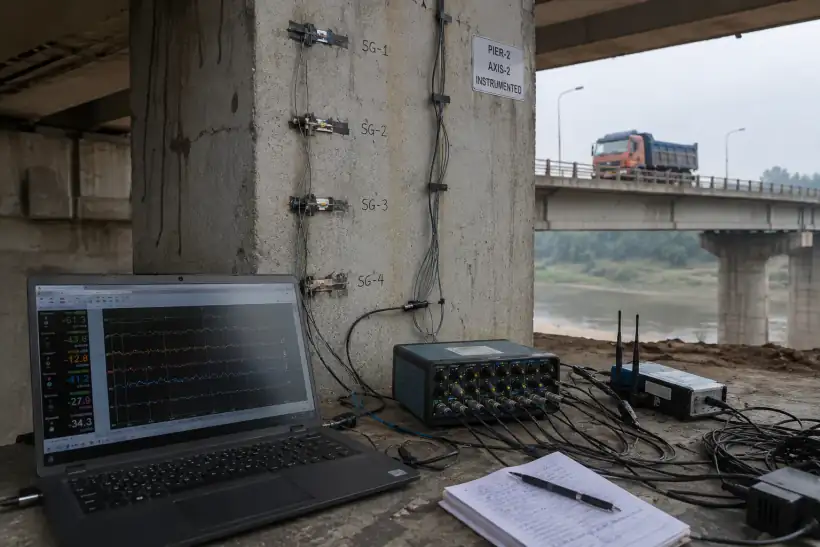 Strain gauges instrumented on a bridge pier with laptop and data acquisition unit recording during load testing